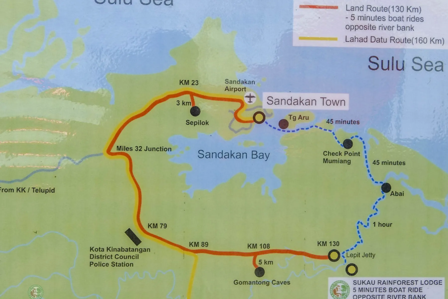 Map showing boat journey to Sukau